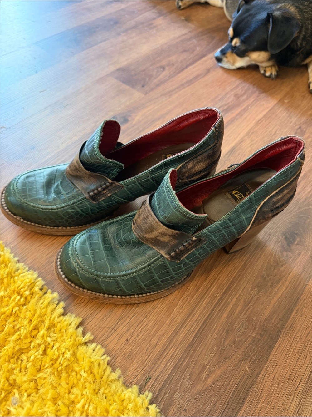 Freebird Bellevue Green Croc-Textured Leather Heeled Loafers